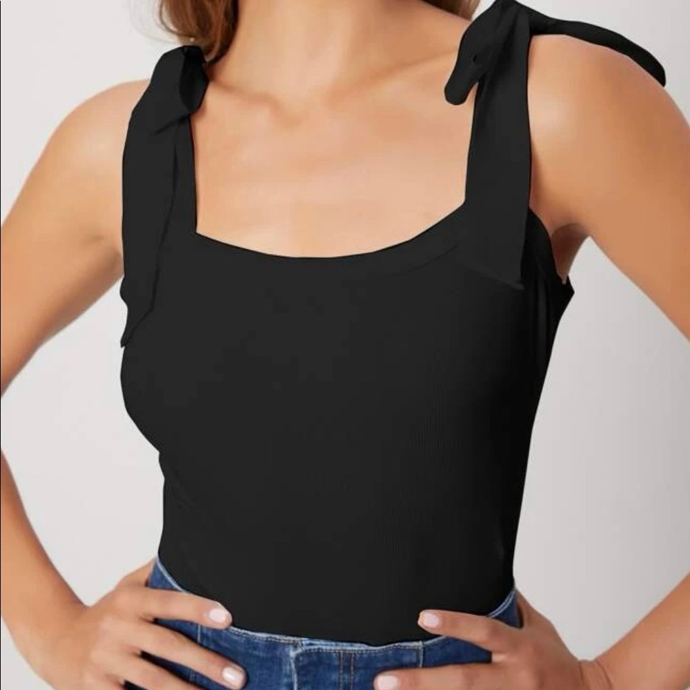 Black Tie-Shoulder Ribbed Bodysuit